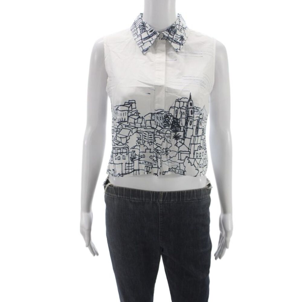 Milly Womens Cropped Sleeveless Button Up Collared Geometric Cotton Top Size S